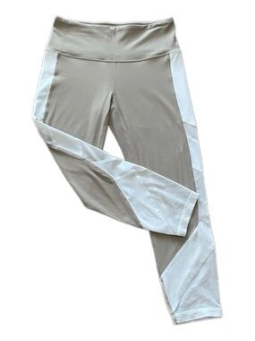 Athleta Taupe Capri Leggings with White Side Panels and Interior Pocket - S